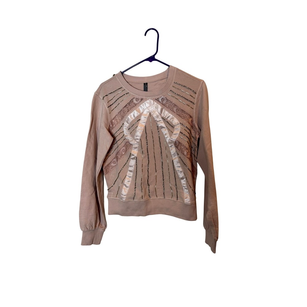 Anthropologie Sweatshirt Womens XS Pink‎ Lace Beaded Ribbon Embellished Pullover